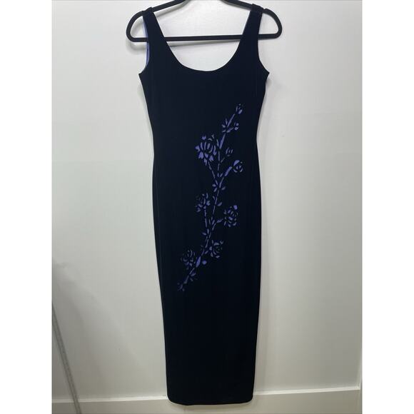 Y2K Dress Morgan Co 9 10 Black Velvet Prom Maxi Floral Whimsigoth Dark Fairy Vtg - Picture 5 of 16